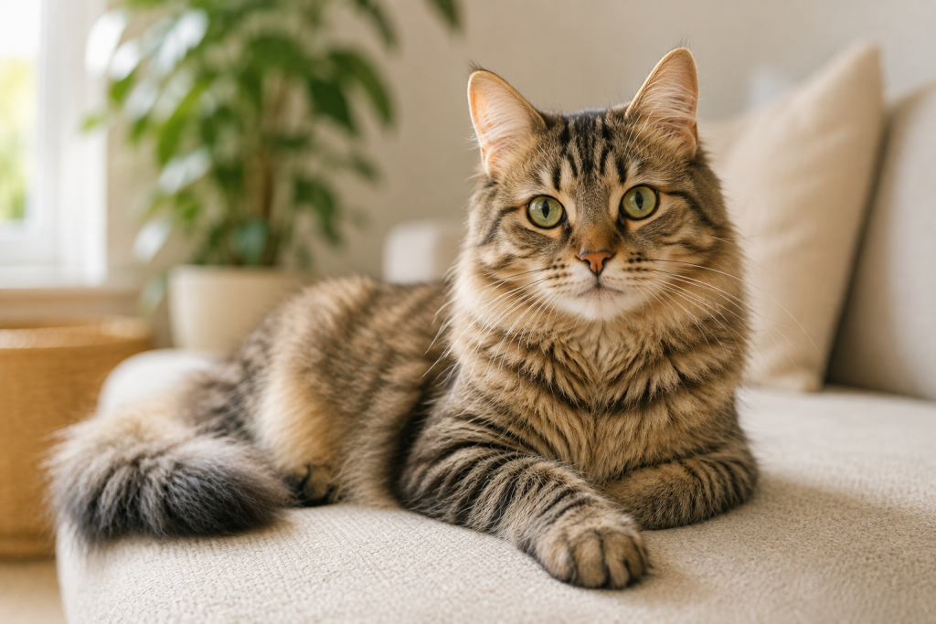 Tabby cat relaxing in a bright home