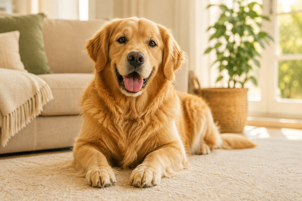 Golden retriever relaxing in a bright home